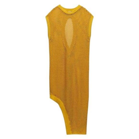 ZARA Midi Dress Medium Mustard Yellow Crochet Openwork Knit Mesh Asymmetrical - Picture 1 of 7